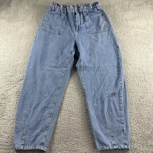 Zara Barrel Jeans Womens 10 Blue Elastic Waist Balloon Horeshoe Carrot Retro 90s